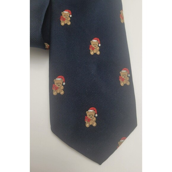 Cape Cod Mens Navy Neck Tie Christmas Teddy Bear with Santa Hat - Picture 2 of 4